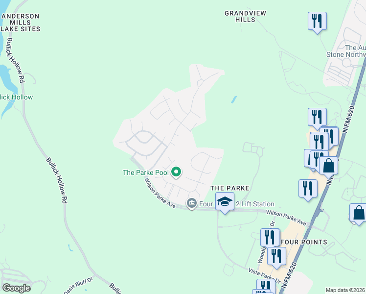 map of restaurants, bars, coffee shops, grocery stores, and more near 8045 Denali Parkway in Austin