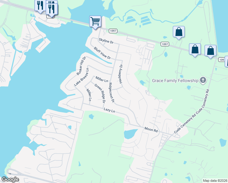 map of restaurants, bars, coffee shops, grocery stores, and more near 421 Greenbriar Drive in Willis