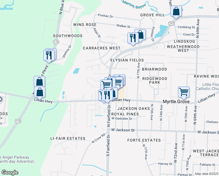 map of restaurants, bars, coffee shops, grocery stores, and more near 8177 Imperial Drive in Pensacola