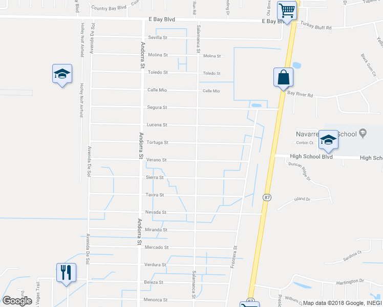 map of restaurants, bars, coffee shops, grocery stores, and more near 2433 Salamanca Street in Navarre