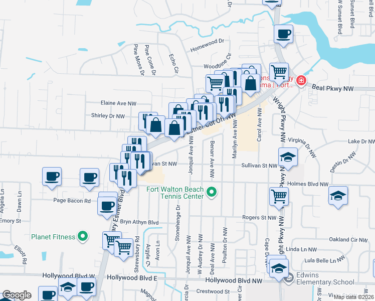 map of restaurants, bars, coffee shops, grocery stores, and more near 502 Hooper Drive Northwest in Fort Walton Beach