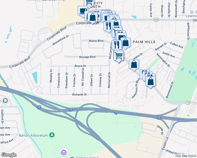 map of restaurants, bars, coffee shops, grocery stores, and more near 3072 Conway Drive in Baton Rouge