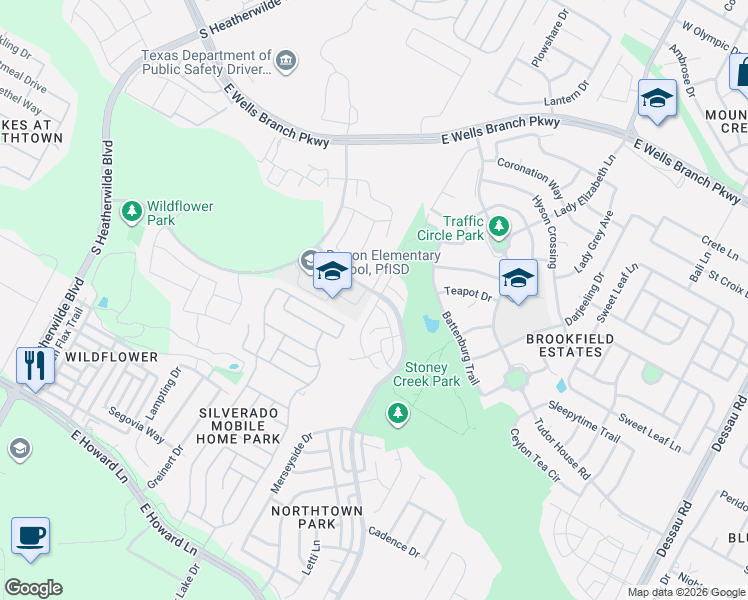 map of restaurants, bars, coffee shops, grocery stores, and more near 14524 Charles Dickens Drive in Pflugerville
