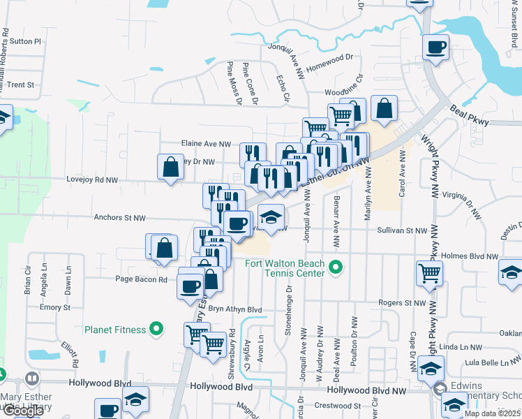 map of restaurants, bars, coffee shops, grocery stores, and more near 522 Mary Esther Cut Off Northwest in Fort Walton Beach