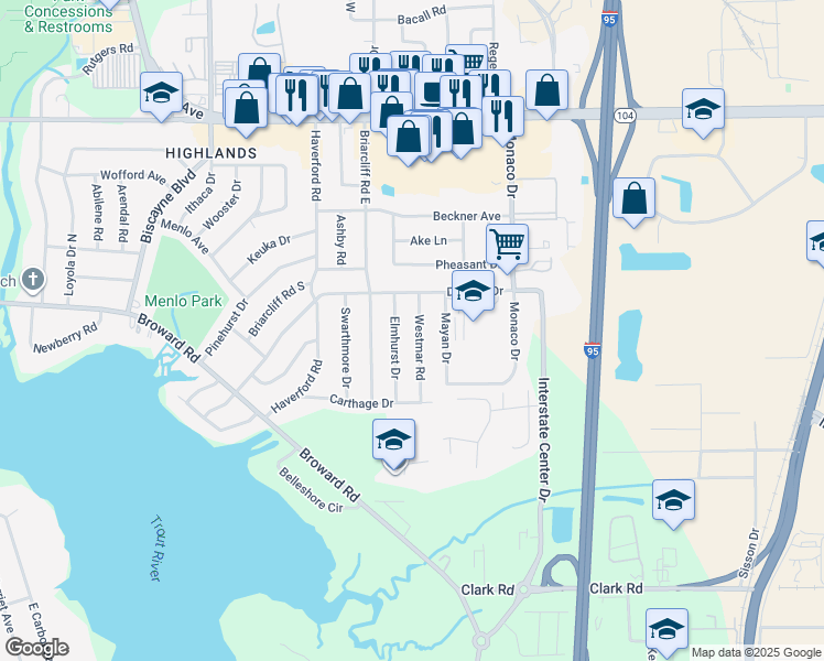 map of restaurants, bars, coffee shops, grocery stores, and more near 10322 Elmhurst Drive in Jacksonville