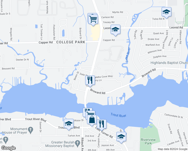 map of restaurants, bars, coffee shops, grocery stores, and more near 10308 Watercrest Court in Jacksonville