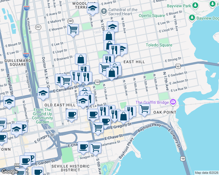 map of restaurants, bars, coffee shops, grocery stores, and more near 1122 East Gadsden Street in Pensacola