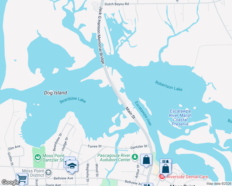 map of restaurants, bars, coffee shops, grocery stores, and more near Highway 613 in Moss Point