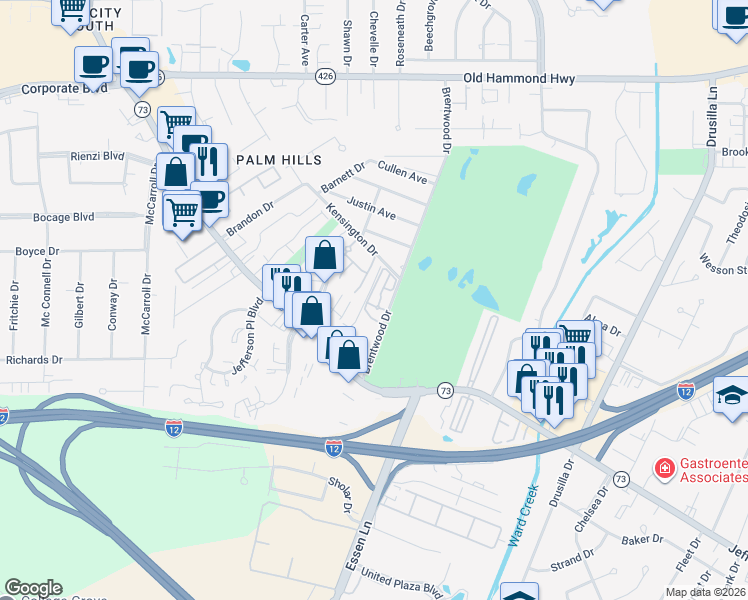 map of restaurants, bars, coffee shops, grocery stores, and more near 26 Country Club Place in Baton Rouge