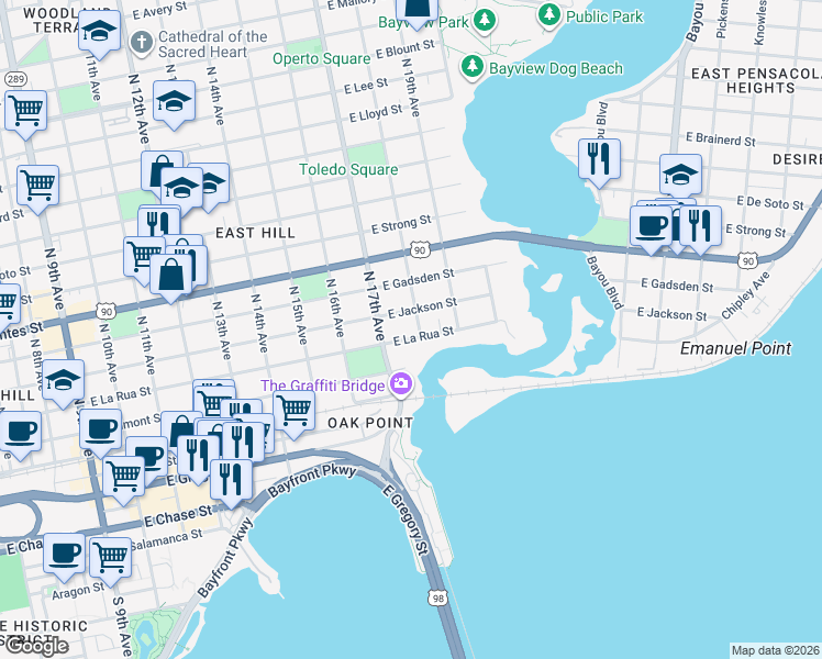 map of restaurants, bars, coffee shops, grocery stores, and more near 1723 East Jackson Street in Pensacola