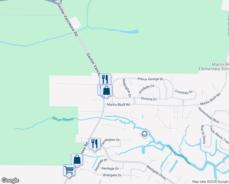 map of restaurants, bars, coffee shops, grocery stores, and more near 5524 Claresholm Drive in Gautier