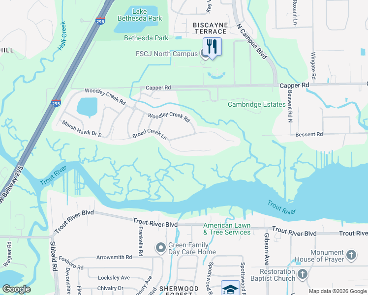 map of restaurants, bars, coffee shops, grocery stores, and more near 4137 Broad Creek Lane in Jacksonville
