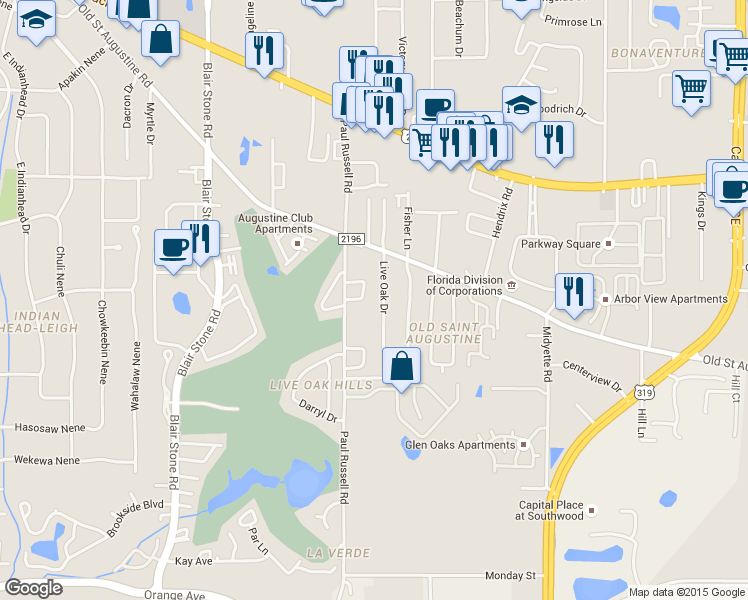 map of restaurants, bars, coffee shops, grocery stores, and more near 67 Paul Russell Circle in Tallahassee