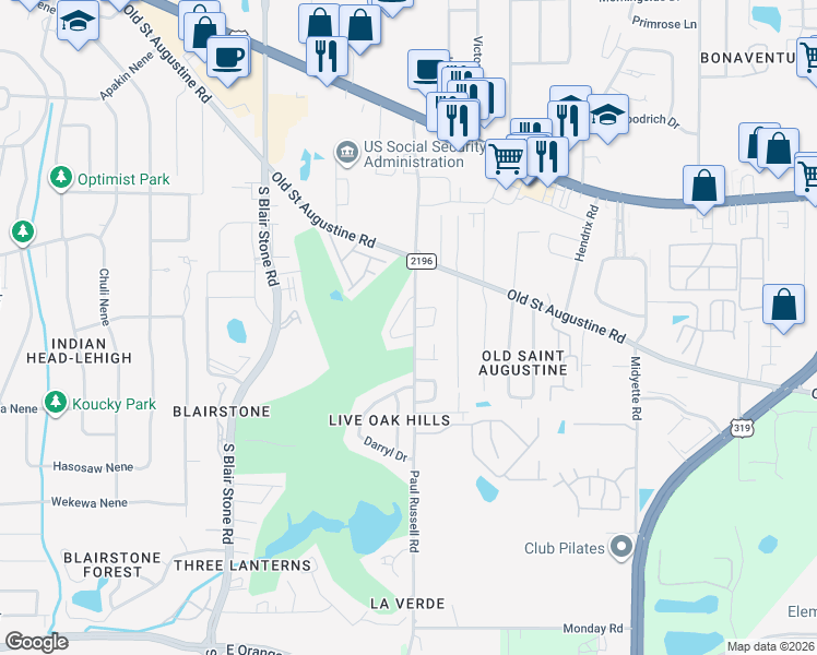 map of restaurants, bars, coffee shops, grocery stores, and more near 1502 Keily Run in Tallahassee