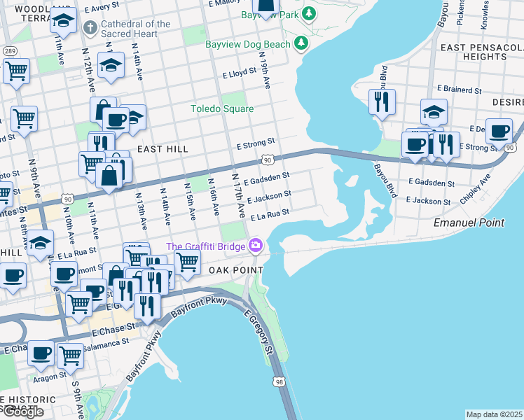 map of restaurants, bars, coffee shops, grocery stores, and more near 1723 East Jackson Street in Pensacola