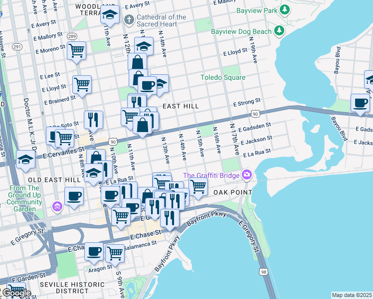 map of restaurants, bars, coffee shops, grocery stores, and more near 1300 East Gadsden Street in Pensacola