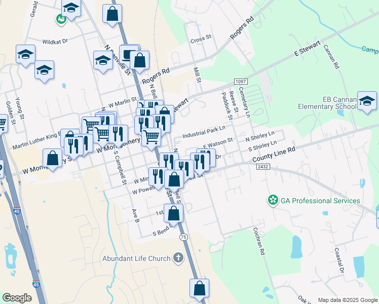 map of restaurants, bars, coffee shops, grocery stores, and more near 203 East Watson Street in Willis