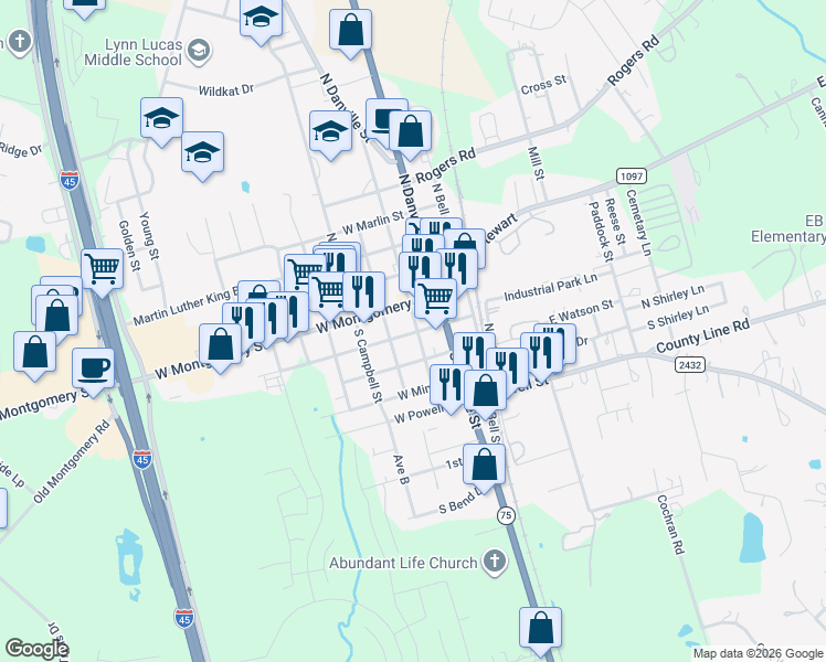 map of restaurants, bars, coffee shops, grocery stores, and more near 108 South Thomason Street in Willis