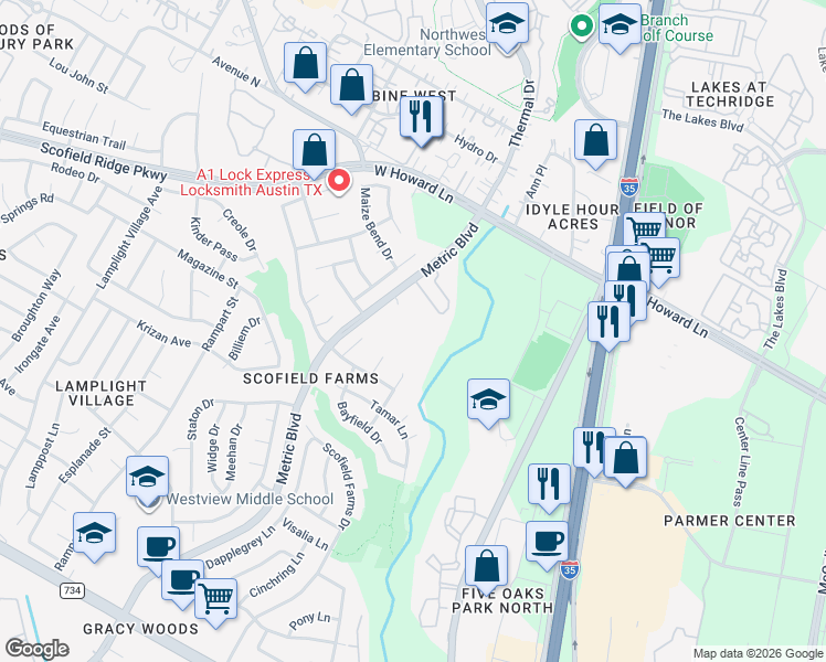 map of restaurants, bars, coffee shops, grocery stores, and more near 13401 Metric Boulevard in Austin