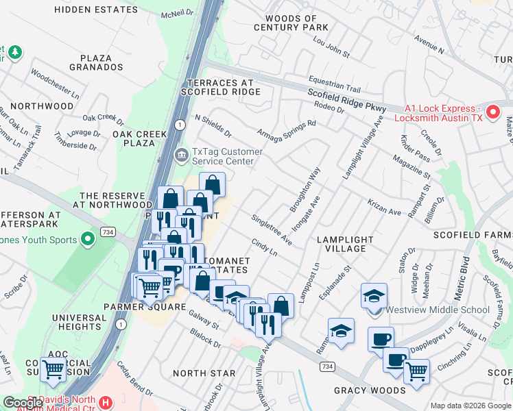map of restaurants, bars, coffee shops, grocery stores, and more near 12808 Chromite Street in Austin