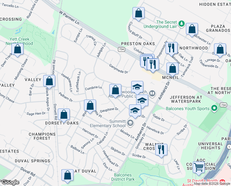 map of restaurants, bars, coffee shops, grocery stores, and more near 12412 Cassady Drive in Austin