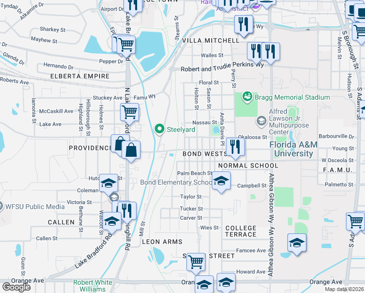 map of restaurants, bars, coffee shops, grocery stores, and more near 1941 Keith Street in Tallahassee