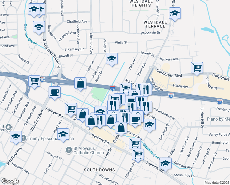 map of restaurants, bars, coffee shops, grocery stores, and more near 2852 Balis Drive in Baton Rouge