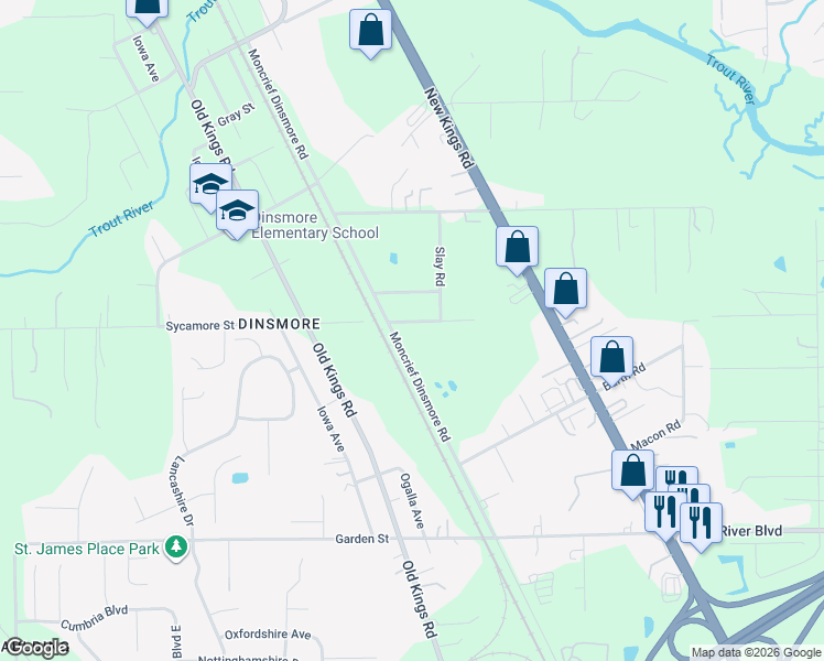 map of restaurants, bars, coffee shops, grocery stores, and more near 10337 Moncrief Dinsmore Road in Jacksonville