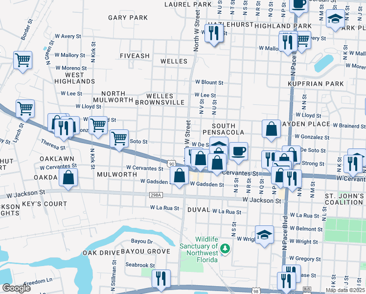 map of restaurants, bars, coffee shops, grocery stores, and more near 911 North W Street in Pensacola