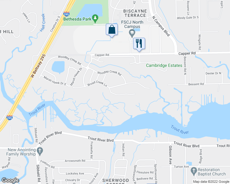 map of restaurants, bars, coffee shops, grocery stores, and more near 4123 Broad Creek Lane in Jacksonville