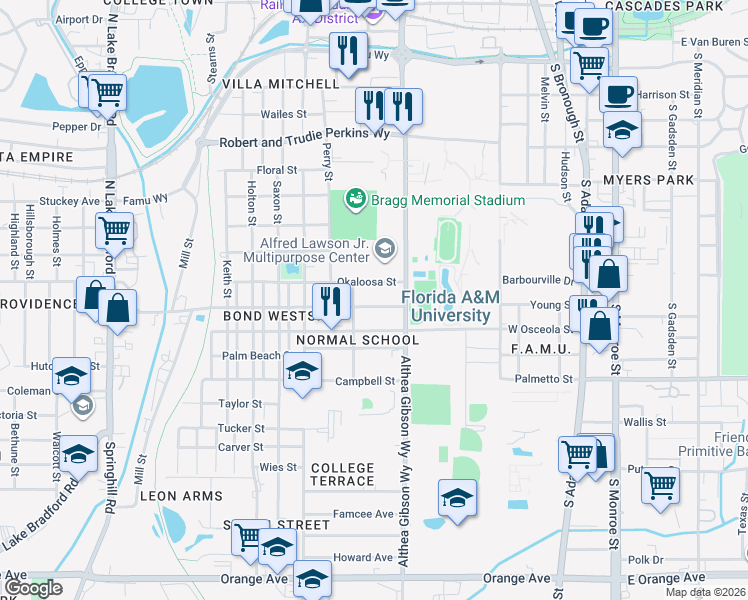 map of restaurants, bars, coffee shops, grocery stores, and more near 532 Kissimmee Street in Tallahassee