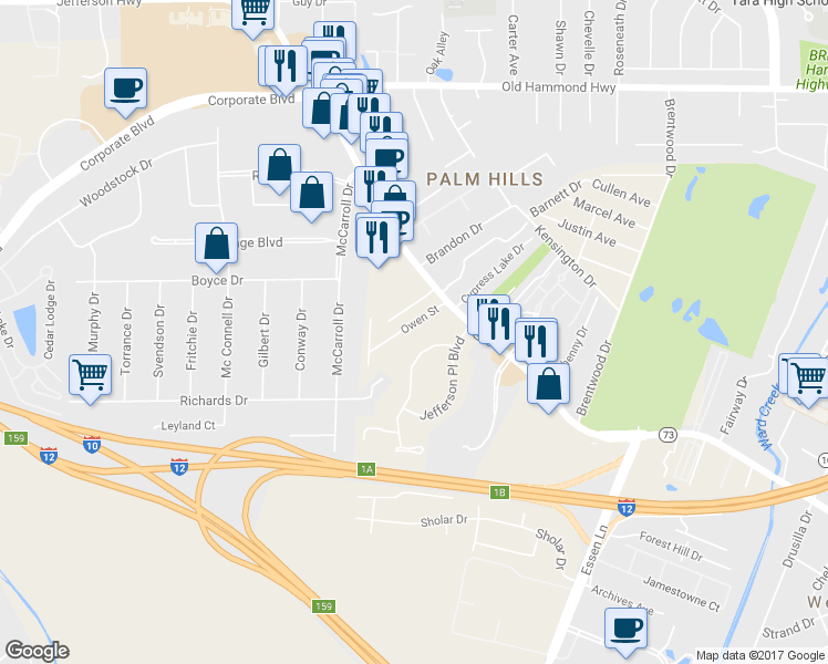 map of restaurants, bars, coffee shops, grocery stores, and more near 7974 Owen Street in Baton Rouge