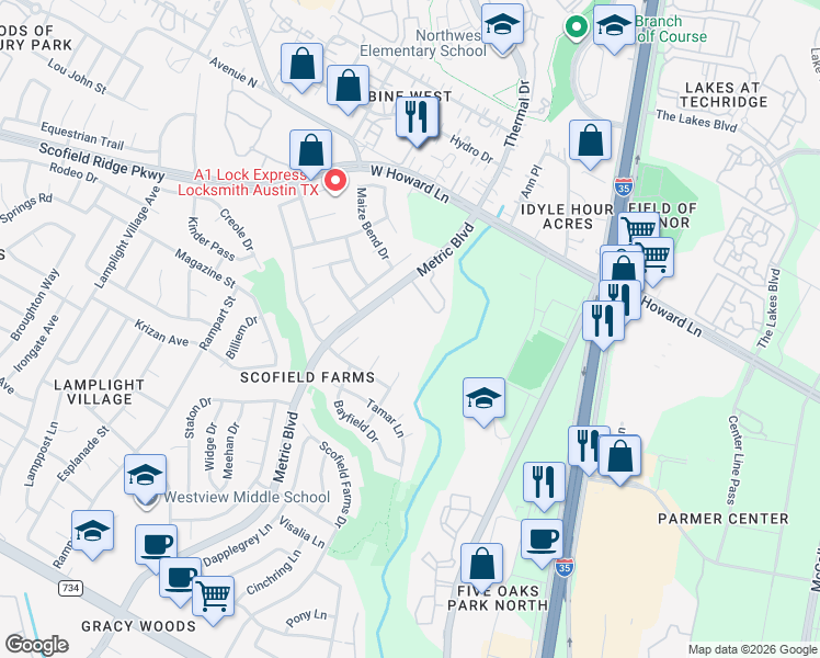 map of restaurants, bars, coffee shops, grocery stores, and more near 13401 Metric Boulevard in Austin