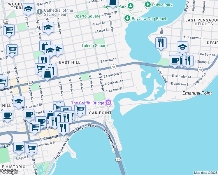 map of restaurants, bars, coffee shops, grocery stores, and more near 1723 East Jackson Street in Pensacola