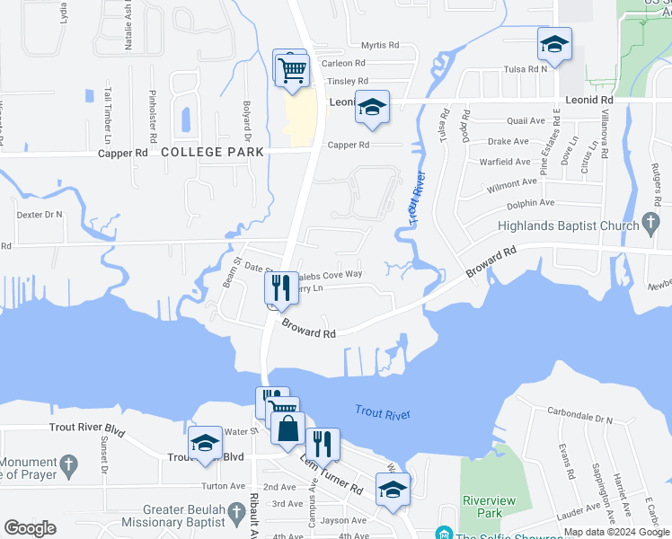 map of restaurants, bars, coffee shops, grocery stores, and more near 10310 Riverwalk Court in Jacksonville
