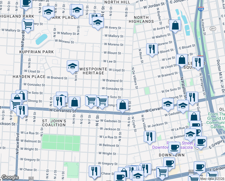 map of restaurants, bars, coffee shops, grocery stores, and more near 1019 North C Street in Pensacola