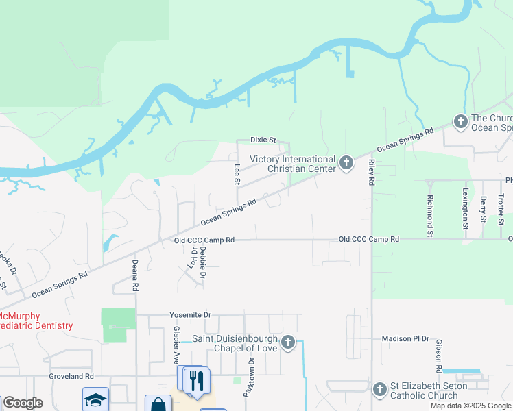 map of restaurants, bars, coffee shops, grocery stores, and more near 8801 Ocean Springs Road in Ocean Springs