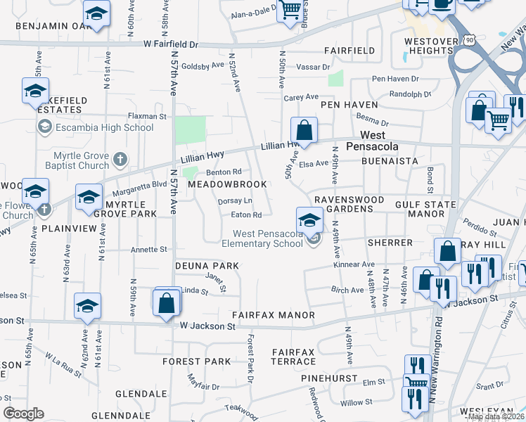map of restaurants, bars, coffee shops, grocery stores, and more near 4 Eaton Road in Pensacola