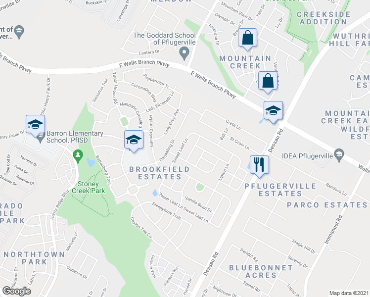 map of restaurants, bars, coffee shops, grocery stores, and more near 904 Sweet Leaf Lane in Pflugerville