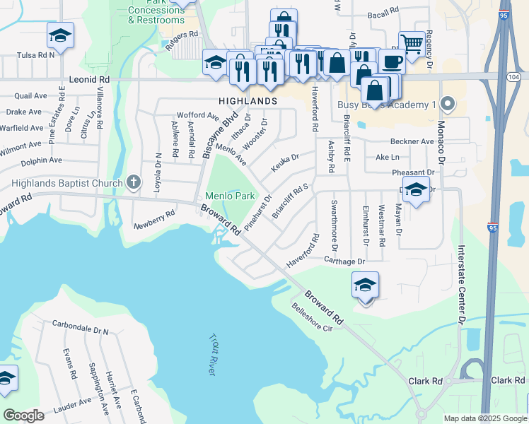 map of restaurants, bars, coffee shops, grocery stores, and more near 10351 Pinehurst Drive in Jacksonville