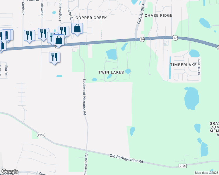 map of restaurants, bars, coffee shops, grocery stores, and more near 1526 Twin Lakes Circle in Tallahassee