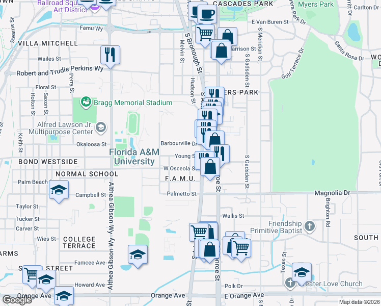 map of restaurants, bars, coffee shops, grocery stores, and more near 212 Young Street in Tallahassee