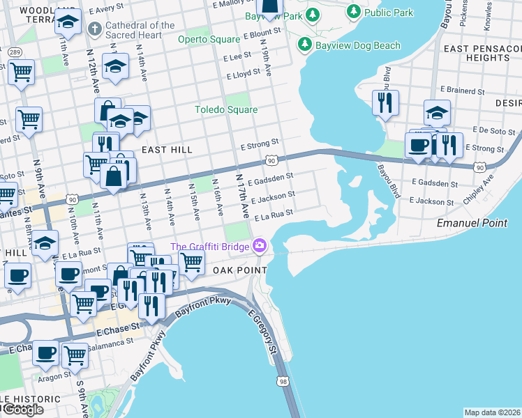 map of restaurants, bars, coffee shops, grocery stores, and more near 1723 East Jackson Street in Pensacola