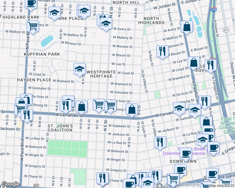 map of restaurants, bars, coffee shops, grocery stores, and more near 1019 North C Street in Pensacola