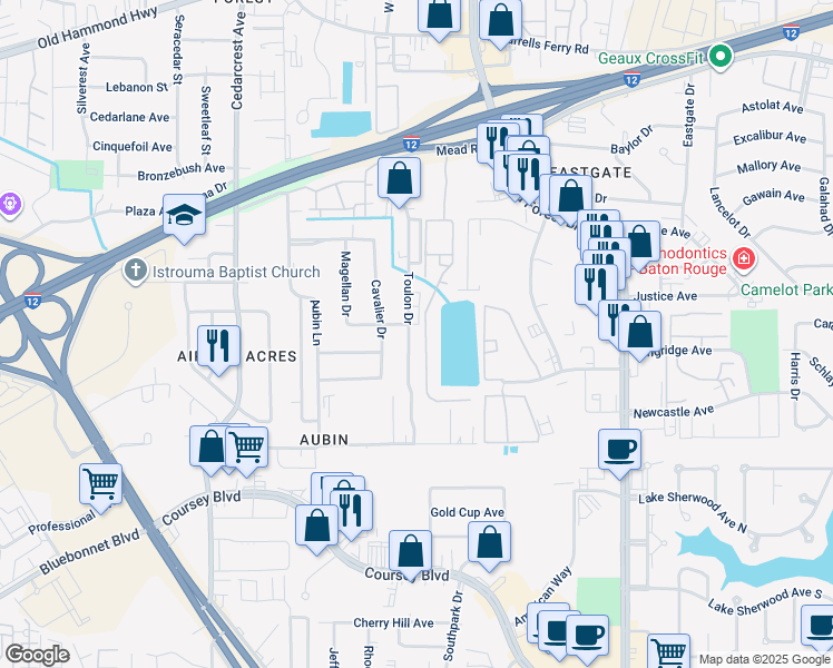 map of restaurants, bars, coffee shops, grocery stores, and more near 11070 Mead Road in Baton Rouge