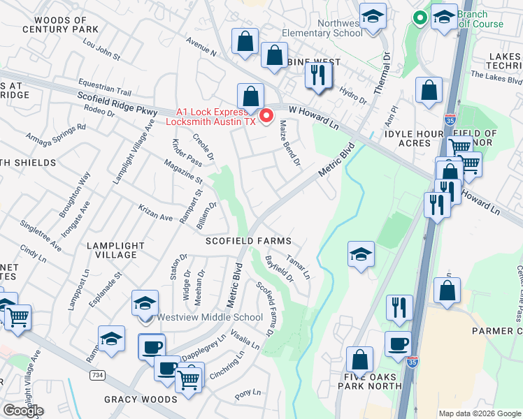 map of restaurants, bars, coffee shops, grocery stores, and more near 1720 Chasewood Drive in Austin