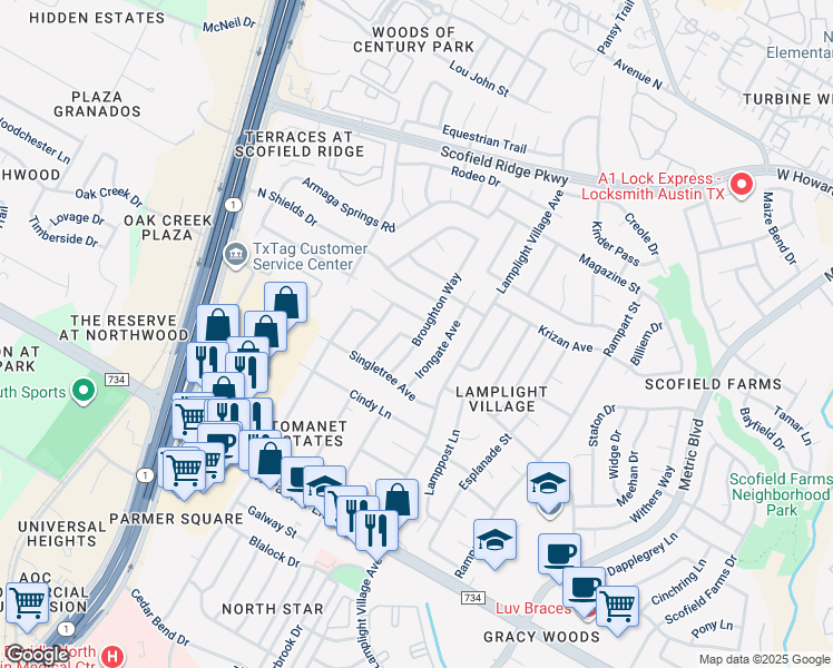 map of restaurants, bars, coffee shops, grocery stores, and more near 12818 Copper Cliff Avenue in Austin