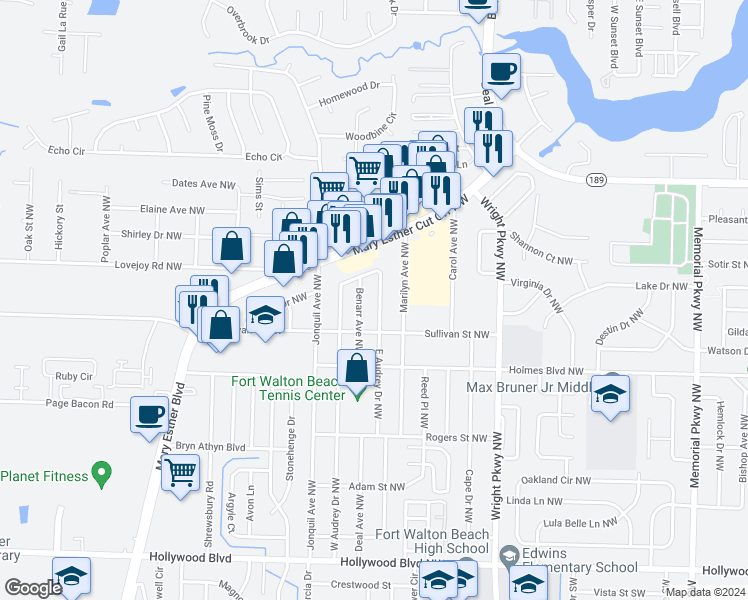 map of restaurants, bars, coffee shops, grocery stores, and more near 118 North Audrey Circle Northwest in Fort Walton Beach