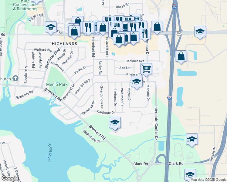 map of restaurants, bars, coffee shops, grocery stores, and more near 10322 Elmhurst Drive in Jacksonville