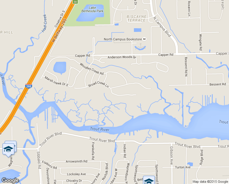 map of restaurants, bars, coffee shops, grocery stores, and more near 4137 Broad Creek Lane in Jacksonville